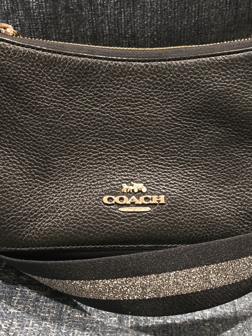 Coach Black Pebbled Leather Crossbody with Glitter-Trim Strap